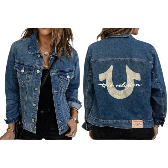 True Religion Oversized Glitter Denim Jacket Size: Medium - Picture 1 of 10